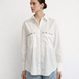 Zara Classic White Button Up Shirt with rhinestone front pocket embellishments